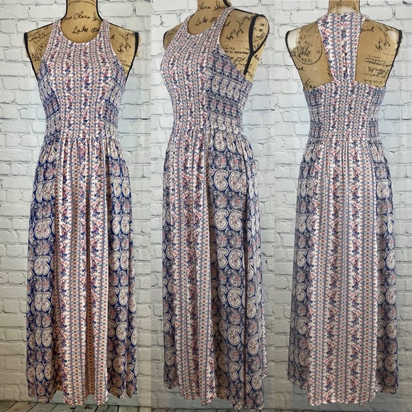 Japna Dresses & Skirts - Japna Boho Floral Paisley Print Smocked Racerback Dress